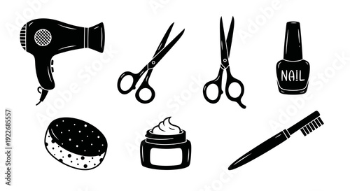 Black and White Glyph Vector Icons Set of Beauty and Personal Care Tools. Hairdryer, Hairdressing Scissors, Nail Polish, Cream, Sponge, and Comb for Salons.