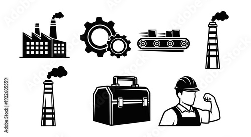Black and White Industrial Manufacturing Icons Set. Glyph Vector Art of Factory, Gears, Conveyor Belt, Worker, and Toolbox for Engineering and Production Concepts.
