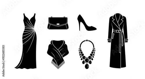 Black and white vector illustration of elegant fashion items: dress, coat, heels, bag, necklace, scarf