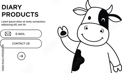 Dairy products landing page template. Cute cartoon cow mascot illustration. Farm milk business website banner in black and white design.