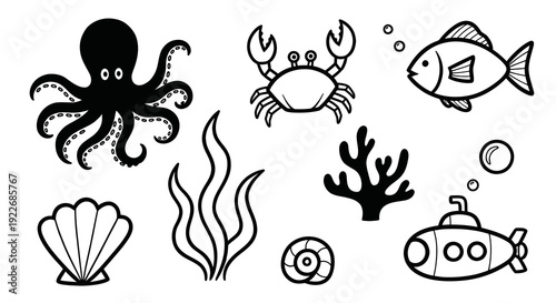 Ocean and Marine Life Black  White Cartoon Line Art and Silhouette Icon Set with Octopus, Fish, Crab, Submarine, Seaweed, Coral, and Shells