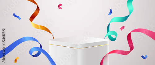 Elegant white podium with vibrant confetti and ribbons, perfect for product display or celebration. Vector illustration