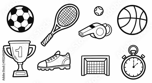 Black and White Line Art Sports Icons: Soccer Ball, Tennis Racquet, Basketball, Trophy, Shoe, Goal, Stopwatch, Whistle