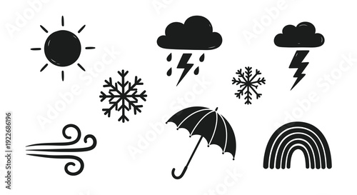 Black  White Weather Icons - Sun, Snowflake, Cloud, Rain, Lightning, Wind, Umbrella, Rainbow, Set