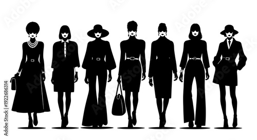 Fashion Women Silhouettes Glyph Vector Illustration - Diverse Modern and Classic Styles for Elegant Outfits