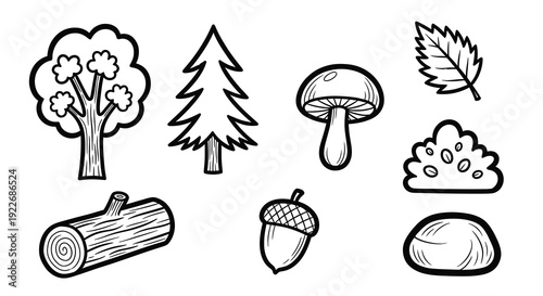 Black and White Line Art Forest Elements Set. Hand-Drawn Outline Doodle Icons for Nature, Woodland, and Outdoor Themes. Simple Coloring Page Style.