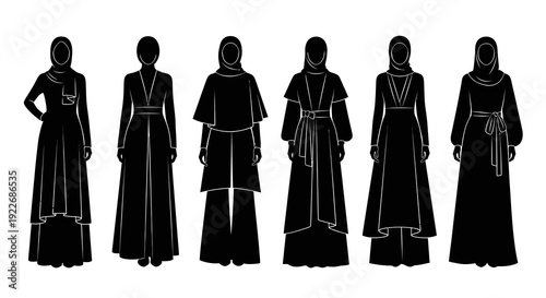 Fashion Industry Modest Islamic Clothing Styles Vector Silhouettes. Diverse Abaya and Hijab Designs in Black and White Line Art.