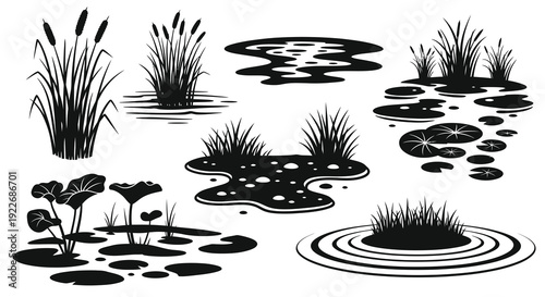 Nature Environment Wetland Aquatic Plants Black  White Silhouette Vector Icons Set. Pond Elements: Cattails, Reeds, Lily Pads, Grass, Puddles.