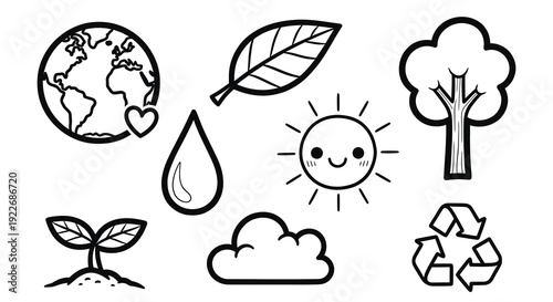 Environmental Ecology Nature Sustainability Icons Set. Hand-drawn Black and White Line Art Doodles featuring Earth, Tree, Sun, Cloud, Recycle, Leaf, Water, Sprout.