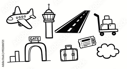 Black and White Line Art Airport and Travel Elements Doodle Icons: Airplane, Control Tower, Runway, Luggage, Boarding Gate, Ticket