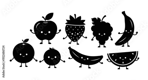 Black  White Silhouette Cute Fruit Characters - Apple, Strawberry, Grapes, Banana, Orange, Blueberry, Watermelon for Food, Health, Kids Education