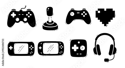Black and White Hand-drawn Glyph Gaming Icons Set with Video Game Controllers, Joystick, Portable Console, Headset, and Pixel Heart Symbols for Entertainment Niche