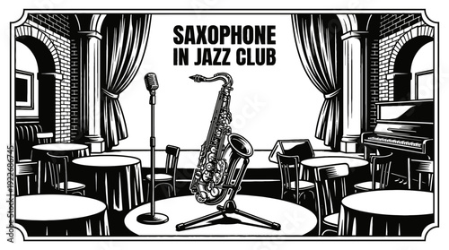 saxophone placed in a jazz club black and white vector scene showing environment representing smooth music atmosphere performance and nightlife entertainment