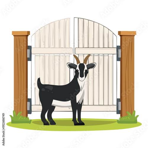 Goat standing before a white wooden gate in a cartoon illustration