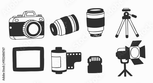Black  White Hand-drawn Photography Equipment Line Art Set: Camera, Lenses, Tripod, Film, Memory Card, Studio Light Icons