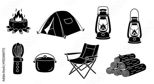 Black and White Camping Glyph Icons Set. Outdoor Adventure Equipment Collection: Tent, Campfire, Lanterns, Chair, Pot, Firewood.