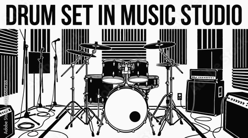 drum set inside a music studio room representing rhythm production black and white vector scene featuring recording and modern music creation