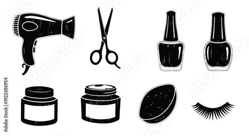 Black and White Sketch Beauty Salon Tools and Cosmetics Icons Set. Hand-drawn Doodle Collection of Hairdressing, Manicure, and Skincare Essentials.