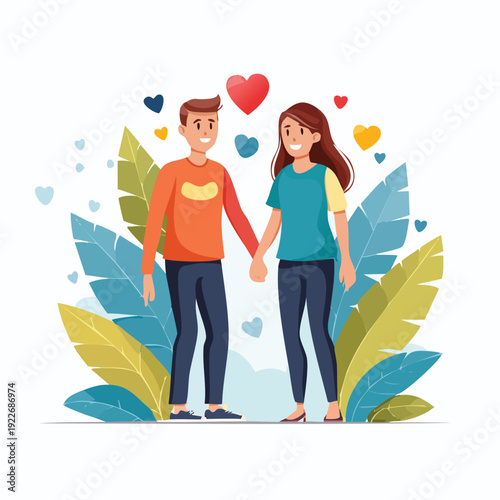 Couple holding hands surrounded by hearts and leaves