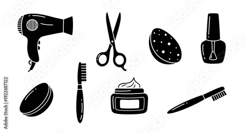 Beauty and Personal Care Glyph Icons Set. Black and White Vector Collection of Hygiene, Cosmetic, Hairdressing, and Grooming Tools and Products.