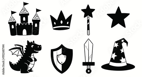 Black and White Hand-drawn Fantasy Icons Set for Kids. Doodle Fairy Tale  Magic Elements: Castle, Dragon, Crown, Wand, Shield, Sword, Wizard Hat, Stars.