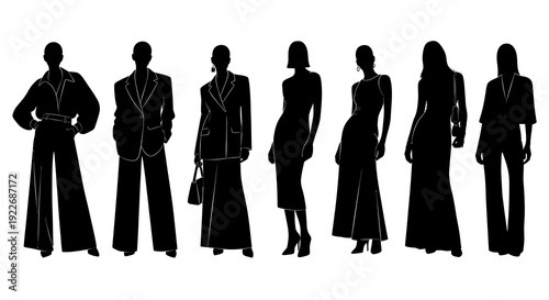 Fashion Silhouette Vector Art: Diverse Collection of Elegant Female Models Posing in Trendy Outfits, Stylish Black and White Illustrations