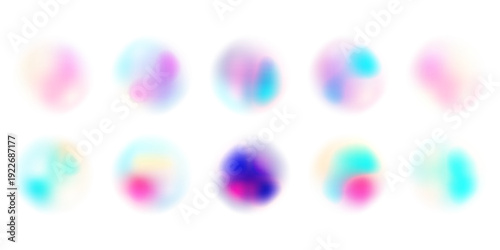 Bright colorful circle gradient set. Round blur gradation background collection. Iridescent radial blurry shape pack for poster, banner, leaflet, brochure. Eps10