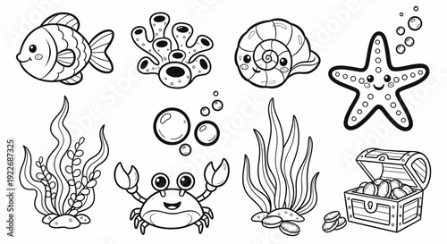 Ocean Life Black and White Line Art Set: Cartoon Outline Drawing of Cute Marine Animals (Fish, Crab, Starfish), Coral, Seaweed, Bubbles, Seashell  Treasure Chest.