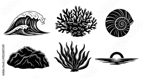 Marine Life Black and White Glyph Vector Icons Set: Ocean Waves, Coral, Seashell, Rock, Seaweed, and Sunset Elements.
