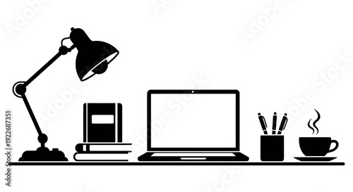 Home Office Workspace Desk Setup Flat Glyph Icon Vector Illustration. Black  White Remote Work and Study Productivity Tools.
