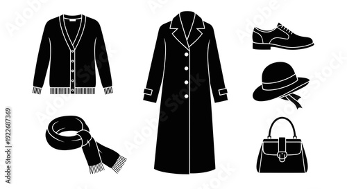 Fashion Apparel Clothing Accessories Glyph Icon Set. Black  White Vector Silhouettes of Cardigan, Coat, Scarf, Hat, Handbag, Shoe. Style and Garment Design Elements.