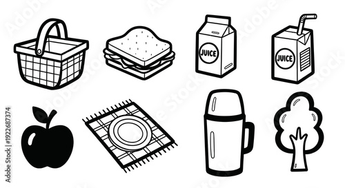 Black and White Line Art Picnic Icons Set. Hand-drawn outline illustrations of outdoor food, drink, and recreation essentials: basket, sandwich, juice, apple, blanket, thermos, tree.