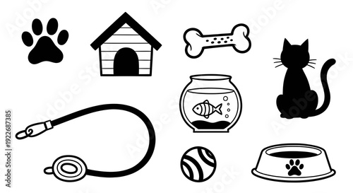 Pets Industry Black and White Outline Icons Set. Vector Line Art Elements for Pet Care: Paw Print, Dog House, Bone, Cat, Leash, Fish Bowl, Ball, Food Bowl.