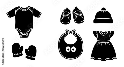 Baby Clothing and Accessories Glyph Icons. Black and White Vector Set of Newborn Apparel: Romper, Shoes, Hat, Mittens, Bib, Dress for Parenthood Design.
