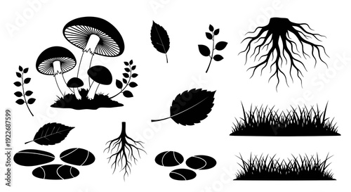 Nature and Botanical Elements Black and White Vector Silhouette Art Set: Diverse Icons of Mushrooms, Leaves, Roots, Grass, and Stones