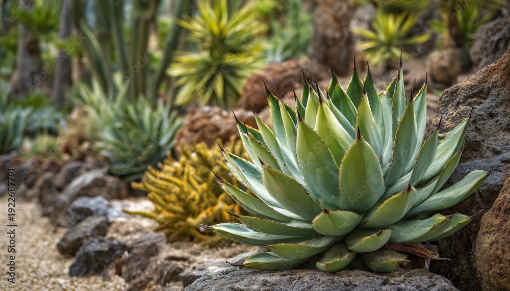 Fototapeta premium Agave Attenuata Or Foxtail Succulent Plants In A Tropical Garden Of Tenerife, Canary Islands, Spain With Selective Focus.