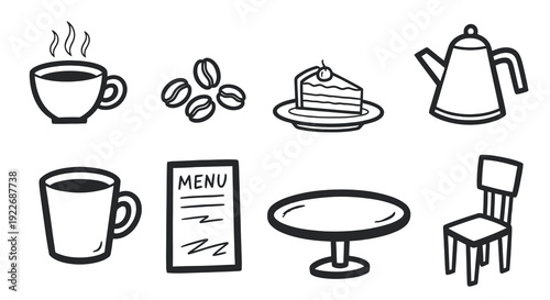 Black and White Hand-Drawn Cafe and Coffee Shop Icons Set: Featuring Steaming Coffee, Teapot, Cake, Menu, Table, and Chair Line Art Doodles
