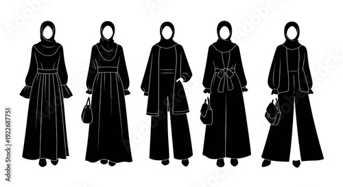 Modest Fashion Women's Outfits Collection with Hijab and Abaya Designs. Black and White Line Art Glyph Vector Illustration for Islamic Clothing.