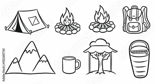 Camping and Outdoor Adventure Icons Set. Black and White Hand-drawn Line Art Doodles of Tent, Campfire, Backpack, Mountains, Mug, Tree, and Sleeping Bag.