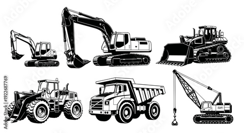 Construction Industry Black and White Line Art Vector Set of Heavy Machinery: Excavators, Wheel Loader, Track Loader, Dump Truck, and Crawler Crane.