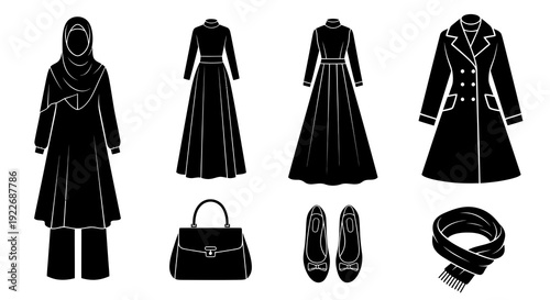 Modest Fashion Apparel and Accessories Glyph Icons. Black Silhouette Line Art Vector Set featuring Hijab, Abaya, Dresses, Winter Coat, Handbag, Flats, and Scarf.