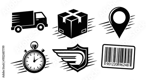 Logistics and Delivery Icons Set: Glyph Style Black  White Symbols for Shipping, E-commerce, Transportation, Tracking - Truck, Package, Location, Time, Security, Barcode.