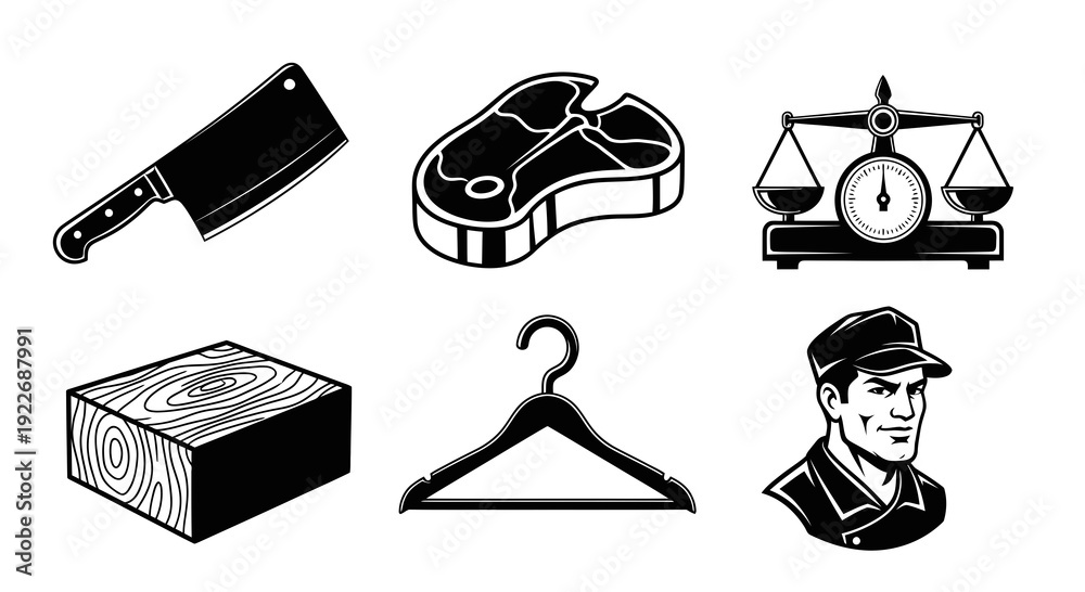 Fototapeta premium Butchery and Meat Shop Black and White Glyph Icons Set for Food Industry. Featuring Cleaver, Steak, Balance Scale, Butcher and Chopping Block.