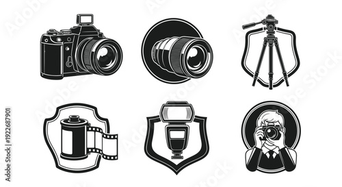 Vintage Black and White Photography Emblems Set. Retro Line Art Icons with Camera, Lens, Tripod, Film, Flash, and Photographer for Photo Studio Badges.