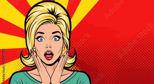 Pop Art of surprised woman with blonde hair, open mouth and big eyes 