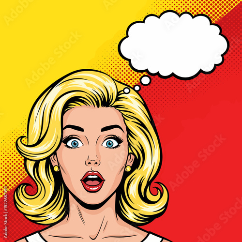 A surprised woman with a thought bubble in pop art style. A retro illustration of a woman with her mouth open and surprised