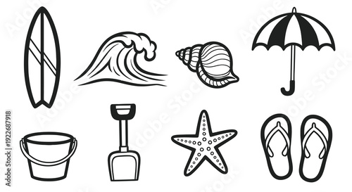 Black and White Line Art Beach and Summer Icons Set. Outline illustrations of surfboard, wave, seashell, umbrella, sand bucket, shovel, starfish, and flip-flops for vacation designs.