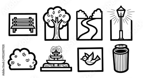 Park and Outdoor Public Spaces Black and White Line Art Icons Set. Featuring Bench, Tree, Path, Street Lamp, Bush, Fountain, Bird, and Trash Can Symbols.