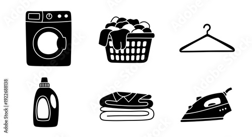 Household Laundry and Clothing Care Glyph Icons Set. Monochrome Vector Symbols for Washing Machine, Basket, Hanger, Detergent, Folded Clothes, and Iron.