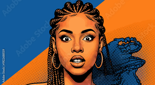 Intrigued woman with braided hair and an surprised expression, with a hand next to her